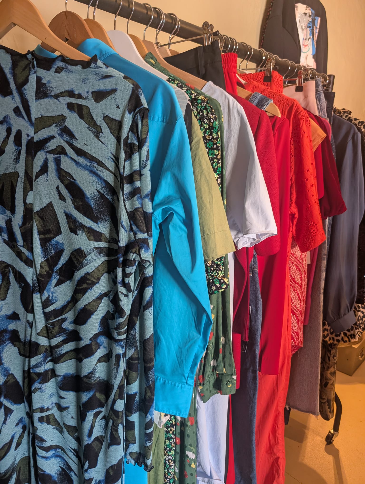 Close-up of the rail — tiger print, blue, florals and a red eyelet blouse